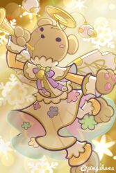  1boy animal_ears bear_boy bear_ears bell bird black_eyes blush_stickers bow bowtie capelet cardboard cardboard_wings commentary_request fake_halo fake_wings floral_print floral_print_skirt full_body furry furry_male halo hand_up holding holding_instrument holly horn_(instrument) instrument lens_flare male_focus neck_bell official_alternate_costume official_style outstretched_arm pants pimyuhuwa pink_bow pink_bowtie playing_instrument print_skirt puyopuyo puyopuyo_quest risukuma_(missionary)_(puyopuyo) risukuma_(puyopuyo) see-through_clothes see-through_skirt shirt skirt sleeve_cuffs snowflakes solo twitter_username white_capelet white_pants white_shirt white_skirt wings yellow_halo yellow_sleeves yellow_wings 