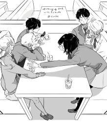  2girls 4boys aldnoah.zero alternate_universe amifumi_inko blazer blush bored calm_craftman cardigan cellphone commentary_request cup drinking drinking_straw elbows_on_table embarrassed full_body greyscale hair_ornament hair_scrunchie holding holding_cup holding_phone indoors jacket kaizuka_inaho looking_at_phone mikuni_okisuke monochrome multiple_boys multiple_girls necktie nina_klein nose_blush one-hour_drawing_challenge pantyhose phone pleated_skirt school_uniform scrunchie short_hair simabe sitting skirt slaine_troyard smartphone table twintails very_short_hair 