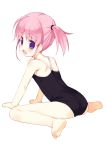  ass barefoot blush child fang feet flat_chest kneeling leotard looking_back meito_(artist) meito_(maze) original pink_hair purple_eyes short_twintails sitting solo swimsuit twintails violet_eyes wariza 