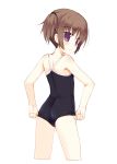  adjusting_swimsuit ass back blush brown_hair cropped_legs from_behind leotard looking_back meito_(artist) meito_(maze) original purple_eyes short_hair short_twintails smile solo swimsuit twintails violet_eyes 