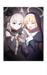 2girls alternate_halo black_gloves black_hat blonde_hair blue_archive blush breasts character_request commentary_request crossed_bangs detached_sleeves dress flower gloves grey_hair hair_between_eyes hat highres large_breasts long_hair long_sleeves looking_at_viewer mikan_battery mini_hat mini_top_hat multiple_girls official_alternate_costume open_mouth sakurako_(blue_archive) sakurako_(idol)_(blue_archive) smile top_hat violet_eyes 