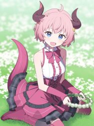  1girl ahoge blue_eyes bow bowtie breasts commentary_request crossed_bangs day dragon_girl dragon_horns dragon_tail fang flower full_body grass hair_flower hair_ornament highres horns looking_at_viewer medium_breasts mikan_battery on_ground open_mouth original outdoors pink_hair short_hair skin_fang sleeveless smile solo tail wreath 