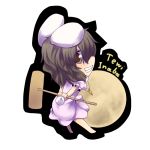  animal_ears barefoot brown_eyes brown_hair bunny_ears bunny_tail carrot chibi dress dress_shirt from_behind full_moon grin hammer inaba_tewi jewelry kuromiya mallet moon pendant shirt smile solo tail touhou 