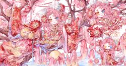  1girl absurdres animal_ear_fluff animal_ears bare_shoulders bead_necklace beads bell blue_eyes bow cat_ears cat_girl cat_tail cherry_blossoms chibi chinese_clothes chinese_commentary chinese_hairpin chinese_text choker closed_mouth commentary_request cropped_shoulders day dot_nose double_bun eyelashes eyes_visible_through_hair falling_petals fingernails flower forever_bond_(infinity_nikki) full_body full_moon gold_choker gourd hair_bun hair_flower hair_ornament hair_over_shoulder hair_stick hanfu happy heterochromia highres holding holding_gourd in_tree infinity_nikki jewelry lipstick long_hair long_sleeves lotus lying makeup moon mountain multiple_views neck_bell necklace nikki_(series) on_side open_mouth outdoors pavilion petals pink_flower pink_hair pink_lips pouring purple_bow red_flower red_hanfu sharp_fingernails sky slit_pupils smile spring_(season) tail translation_request tree tsurime very_long_hair waist_bow water wavy_hair white_sky wide_sleeves yellow_eyes yuandyu26316 