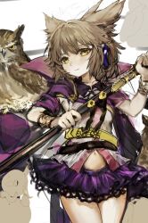  1girl belt bird brown_eyes brown_hair cape closed_mouth earmuffs highres looking_at_viewer midriff miniskirt navel owl pointy_hair purple_cape purple_skirt sayoko404 short_hair simple_background skirt sleeveless smile touhou toyosatomimi_no_miko white_background 