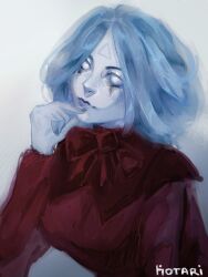  1girl artist_name blue_hair blue_lips colored_skin commentary deadlock_(game) dress english_commentary facial_mark finger_to_mouth forehead_mark ghost_girl hand_up highres hotarko long_hair portrait red_dress simple_background solo triangle triangle_facial_mark vindicta_(deadlock) white_background white_eyes white_skin 