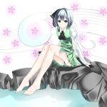  ascot barefoot blue_eyes feet ghost hairband highres hitodama katana konpaku_youmu konpaku_youmu_(ghost) long_toenails myon panties pantyshot petals pond rock shinoi short_hair silver_hair sitting skirt solo sword toenails touhou underwear upskirt weapon 