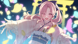 1girl absurdres blue_background blush bow breasts commentary dutch_angle earrings falling_petals floral_print flower gloves hair_bow highres indie_virtual_youtuber japanese_clothes jewelry kimono lace lace-trimmed_bow lace_gloves lace_trim looking_at_viewer mole mole_under_eye neck_ribbon nini_yuuna obi official_alternate_costume official_art open_mouth outstretched_arms petals pink_eyes pink_hair pink_kimono ponytail ribbon sash small_breasts solo teti torii tulip 
