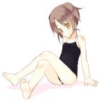  arm_support ass barefoot blush brown_eyes brown_hair child fang feet flat_chest legs leotard meito_(artist) meito_(maze) original smile soles solo 