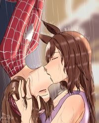  2girls absurdres closed_eyes commission cosplay english_commentary highres kiss marvel multiple_girls nakayama_festa_(umamusume) prefacegrim rain scene_reference sirius_symboli_(umamusume) spider-man spider-man_(cosplay) spider-man_(series) spider-man_1_(2002) umamusume upside-down upside-down_kiss yuri 