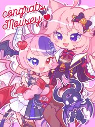  2girls ahoge animal_ear_fluff animal_ears black_dress bow cat_ears cat_girl chibi choker demon_girl demon_horns demon_wings dress hair_bow hair_ornament head_wings heart heart_ahoge heart_hair_ornament heart_o-ring heart_ring_choker heterochromia highres horns ironmouse ironmouse_(15th_costume) long_hair marikyuun multicolored_hair multiple_girls multiple_wings nyatasha_nyanners nyatasha_nyanners_(6th_costume) o-ring o-ring_choker pink_choker pink_hair pointy_ears purple_hair purple_streaks red_eyes skirt spiked_choker spikes streaked_hair twintails violet_eyes virtual_youtuber vshojo white_horns wings 