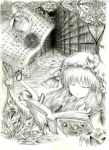  book bookshelf brooch closed_eyes crescent_moon crystal eyes_closed flower graphite_(medium) hat hat_ribbon hiddenn jewelry library light_smile lily_(flower) magic_circle monochrome moon paper patchouli_knowledge ribbon solo touhou traditional_media voile 