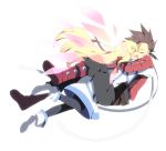  1girl blonde_hair boots brown_hair closed_eyes colette_brunel couple dress eyes_closed gloves happy hug lloyd_irving long_hair open_mouth pantyhose short_hair simple_background smile soranagi tales_of_(series) tales_of_symphonia wings 
