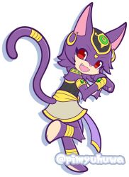  1girl ancient_egyptian_clothes animal_ears anklet armlet bastia_(puyopuyo) black_shirt body_fur cat_ears cat_girl cat_tail commentary_request earrings fang full_body furry furry_female gem gold_anklet gold_armlet gold_bracer gold_earrings green_gem grey_skirt hands_up heart_pendant hoop_earrings jewelry looking_at_viewer looking_back official_style open_mouth paw_pose pimyuhuwa purple_fur puyopuyo puyopuyo_quest red_eyes shirt simple_background skirt smile solo standing standing_on_one_leg strapless strapless_shirt tail tail_ornament tail_raised tail_ring twitter_username white_background 