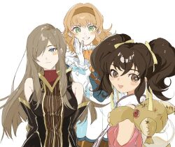  3girls anise_tatlin ascot bare_shoulders black_hair blonde_hair blue_bow blue_eyes blush bow breasts brown_dress brown_eyes brown_hair brown_hairband brown_sleeves closed_mouth commentary_request detached_sleeves dress gloves green_eyes hair_over_one_eye hair_ribbon hairband large_breasts leotard leotard_under_clothes long_hair looking_at_viewer medium_hair multiple_girls natalia_luzu_kimlasca_lanvaldear open_mouth parted_lips ribbon sleeveless sleeveless_dress smile tales_of_(series) tales_of_the_abyss tear_grants tokunaga_(tales) turtleneck turtleneck_leotard twintails upper_body white_background white_gloves wrist_bow yellow_ascot yellow_ribbon zatta1227 