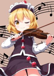  1girl blush brown_background brown_eyes brown_hair closed_mouth commentary_request frilled_hat frills hat hat_ornament highres instrument keyboard_(instrument) long_sleeves looking_at_viewer lyrica_prismriver medium_hair musical_note musical_staff one_eye_closed red_hat red_skirt red_vest ruu_(tksymkw) shirt simple_background skirt skirt_set smile solo star_(symbol) star_hat_ornament touhou vest white_shirt 