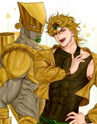  1boy 1other abs belt birthmark black_shirt blonde_hair buckle covered_abs covered_navel dio_brando ear_piercing earrings gold_bangle green_belt green_headband headband heart heart-shaped_buckle highres jacket jewelry joestar_birthmark jojo_no_kimyou_na_bouken looking_at_viewer male_focus mechimun_jojo medium_hair open_mouth piercing red_eyes scar scar_on_neck shirt silver_earrings simple_background solo stardust_crusaders teeth tight_clothes tongue tongue_out upper_teeth_only white_background yellow_jacket 