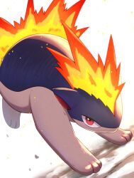  animal_focus commentary_request fiery_hair fiery_tail fire flame-tipped_tail highres looking_at_viewer no_humans pokemon pokemon_(creature) pokemon_focus quilava red_eyes rumine_(yoshi1234567) running simple_background solo tail 