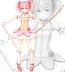  arrow bow bow_(weapon) bubble_skirt choker full_body gloves hair_bow kaname_madoka kneehighs magical_girl mahou_shoujo_madoka_magica pink_eyes pink_hair puffy_sleeves shoes short_twintails shuuichi_(gothics) simple_background slippers twintails weapon white_gloves white_legwear zoom_layer 