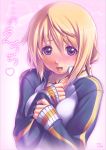  :d blush bust charlotte_dunois heart highres infinite_stratos open_mouth piro_(artist) purple_eyes signature smile solo track_jacket translated translation_request violet_eyes 