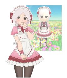  apron commentary_request dress highres korean_commentary maid_apron maid_headdress mii_(nintendo) nintendo pantyhose photo_inset pink_dress qopqop tears white_apron 