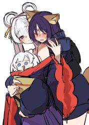  3girls animal_ears blue_eyes blush child cho_kaguya-hime! closed_eyes closed_mouth commentary cowboy_shot family hair_ornament hair_rings hair_stick hand_on_another's_shoulder highres hug hug_from_behind if_they_mated japanese_clothes kimono long_hair mother_and_child mother_and_daughter multiple_girls parent_and_child parted_lips purple_hair purple_kimono runami_yachiyo runami_yachiyo_(tsukuyomi) sakayori_iroha sakayori_iroha_(tsukuyomi) science_babies short_hair simple_background sketch standing tokoname untranslatable_commentary white_background white_hair yuri 