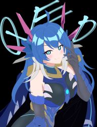  1girl ahoge armor armored_dress black_background black_dress black_gloves blue_dress blue_eyes blue_hair blush character_name closed_mouth commentary_request dmtokoshie_8 dragon_girl dragon_horns dress duel_masters duel_masters_play's elbow_gloves gloves grey_hair highres horns long_hair looking_at_viewer mechanical_horns multicolored_dress multicolored_hair q.e.d._(duel_masters) smile solo two-tone_hair upper_body 