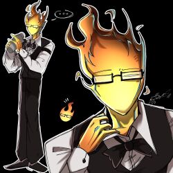  ... 1:1 1boy 2026 2d black_background black_bowtie black_pants black_vest bottle bowtie collared_shirt commentary digital_media elemental_(creature) english_commentary fire_elemental flaming_head full_body glasses grillby hand_up highres holding holding_bottle humanoid monster monster_boy multiple_views no_mouth notice_lines orange_skin outline pants portrait rectangular_eyewear signature simple_background sketch solo sonojackpot spoken_ellipsis standing undertale utdr_(toby_fox) vest white_outline 