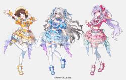  3girls :d above-cleavage_cutout blue_eyes blue_ribbon blue_shirt blue_shoes blue_skirt bow braid brown_hair clothing_cutout commentary company_name copyright_notice crop_top finger_to_face frilled_thigh_strap grey_background grey_eyes grey_hair hair_bow hair_intakes hair_ribbon hat idol_clothes kheng_(k_heng1223) kozue_mone layered_skirt long_hair looking_at_viewer medium_hair midriff mole mole_under_eye multiple_girls nijisanji official_alternate_costume official_art open_hand open_mouth outstretched_arm pink_shirt pink_shoes pink_skirt ponytail puffy_short_sleeves puffy_sleeves purple_hair red_bow ribbon sample_watermark shiga_riko shirt shoes short_sleeves simple_background skirt smile sophia_valentine standing standing_on_one_leg thigh-highs thigh_strap twintails two_side_up violet_eyes virtual_youtuber watermark white_thighhighs wristband yellow_bow yellow_hat yellow_shirt yellow_shoes yellow_skirt 