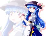  blue_hair chipika food fruit hat hinanawi_tenshi holding holding_fruit holding_peach long_hair open_mouth peach pink_eyes solo touhou zoom_layer 