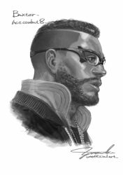  1boy ace_combat ace_combat_8 artist_name beard character_name commentary_request cropped_shoulders dark-skinned_male dark_skin facial_hair from_side glasses greyscale high_collar highres jacket kozaki_yuusuke looking_ahead male_focus mohawk monochrome official_artist_extra professor_(ace_combat) short_hair signature simple_background sketch solo very_short_hair white_background 