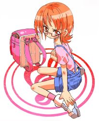  1girl backpack bag commentary_request glasses highres orange_eyes orange_hair overalls pink-framed_eyewear precure randoseru shirabe_ako short_hair shorts sitting socks solo sugitani_shougo suite_precure suspenders 