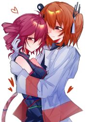  2girls a.i._voice adachi_rei black_shirt closed_mouth commentary_request detached_sleeves drill_hair gloves heart highres hug jacket kasane_teto kasane_teto_(utau) multiple_girls nian_1948 one_side_up orange_eyes orange_hair red_eyes red_hair shirt simple_background sleeveless sleeveless_shirt twin_drills utau white_background white_gloves white_jacket yuri 