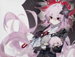  3girls black_flower black_gloves black_jacket black_umbrella blue_eyes breasts chibi closed_mouth clothing_cutout commentary commission double-parted_bangs earrings english_commentary evernight_(honkai:_star_rail) floating_earrings floating_hair flower flower_ornament gloves grey_hair hair_between_eyes hair_flower hair_ornament hairclip hand_up highres holding holding_chibi holding_umbrella honkai:_star_rail honkai_(series) jacket jewelry long_hair long_sleeves looking_at_viewer march_7th_(honkai:_star_rail) multicolored_eyes multiple_girls parallel_hairclips pink_eyes pink_hair ransa_raine red_eyes red_flower sample_watermark shirt shoulder_cutout silver_ring simple_background single_bare_shoulder smile solo_focus stelle_(honkai:_star_rail) trailblazer_(honkai:_star_rail) twitter_username two-tone_eyes umbrella umbrella_over_shoulder upper_body very_long_hair watermark white_background white_shirt yellow_eyes 