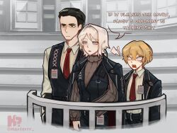  1girl 2boys belt black_belt black_coat black_pants blue_eyes brown_sweater coat collared_shirt courtroom english_text faust_(project_moon) hanterrr highres indoors lapels limbus_company meursault_(project_moon) multiple_boys necktie notched_lapels open_mouth pants project_moon red_necktie ribbed_sweater shirt short_hair sinclair_(project_moon) speech_bubble surprised suspenders sweater white_background white_hair 