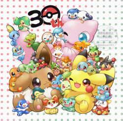  :3 absurdres anniversary black_eyes blue_eyes brown_eyes bulbasaur charmander chespin chikorita chimchar claws commentary_request cyndaquil eevee fennekin froakie fuecoco grookey highres litten mew_(pokemon) mudkip one_eye_closed open_mouth oshawott pikachu piplup pokemon pokemon_(creature) pokemon_day popplio quaxly red_eyes rowlet scorbunny sharp_teeth smile snivy sobble sprigatito squirtle teeth tepig torchic totodile treecko tsukasa_pika turtwig 