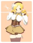  beret blonde_hair breasts corset detached_sleeves drill_hair fingerless_gloves gloves hair_ornament hat large_breasts magical_girl mahou_shoujo_madoka_magica open_mouth pleated_skirt puffy_sleeves skindentation skirt smile solo suyoko taut_shirt thigh-highs thighhighs tomoe_mami yellow_eyes zettai_ryouiki 
