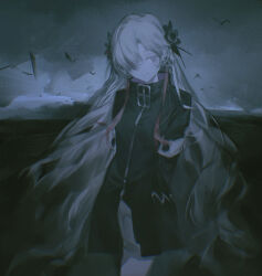  1girl armband arms_behind_back black_coat black_flower closed_mouth coat commentary cowboy_shot curtained_hair eyes_visible_through_hair flower grey_eyes grey_hair grey_theme hair_flower hair_ornament hair_over_one_eye hair_ribbon highres isekaijoucho kamitsubaki_studio long_hair long_sleeves looking_at_viewer outdoors overcast ribbon shiraishi_kanoya shorts simple_bird sky smile solo very_long_hair wavy_hair white_armband white_shorts 