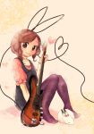  brown_eyes brown_hair bunny bunny_ears cable guitar heart instrument looking_at_viewer original pantyhose rabbit shinryo_rei shinryou_rei sitting smile solo wire 