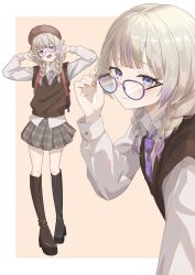  1girl adjusting_eyewear alternate_costume alternate_hairstyle beret boots braid brown_boots brown_hat brown_sweater_vest collared_shirt commentary_request full_body glasses grey_skirt hat highres hololive hololive_dev_is long_hair looking_at_viewer multicolored_hair multiple_views nail_polish necktie plaid_clothes plaid_skirt purple-framed_eyewear purple_hair purple_necktie sawari_66 shirt skirt solo streaked_hair sweater_vest todoroki_hajime twin_braids violet_eyes virtual_youtuber white_shirt 