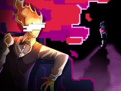  1other 2026 2d against_tree ambiguous_gender armor armored_boots black_background black_bowtie black_pants black_vest blue_hair blue_skin bodysuit boots bowtie colored_skin commentary dark_background deltarune digital_media duo egg elemental_(creature) english_commentary fire_elemental flaming_head forgotten_man_(deltarune) gauntlets glasses glitch grillby hair_over_eyes highres holding holding_egg human humanoid kris_(dark_world)_(deltarune) kris_(deltarune) male_focus monster monster_boy no_mouth orange_skin pants rectangular_eyewear scarf shadow short_hair signature solo_focus sonojackpot tree undertale utdr_(toby_fox) vest 