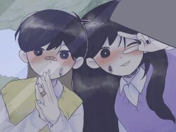  1boy 1girl antenna_hair aubergieine bandaid black_hair brother_and_sister commentary english_commentary highres mari_(faraway)_(omori) mari_(omori) omori siblings smile sticker sunny_(omori) sweater_vest v 