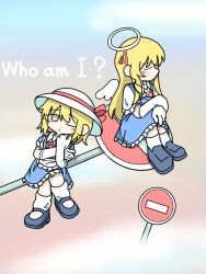  2girls angel_wings apron black_shoes blonde_hair blue_dress bow character_request closed_eyes commentary_request crossed_legs dress elbow_gloves english_text frilled_apron frilled_dress frills gloves halo hand_on_own_elbow hand_on_own_knee hand_on_own_shoulder hat hat_bow highres kana_anaberal long_hair long_sidelocks loose_socks mary_janes multiple_girls nativefaith9696 neck_ribbon one_eye_closed red_bow red_ribbon ribbon road_sign shoes short_hair short_sleeves sidelocks sign sitting sitting_on_object socks touhou touhou_(pc-98) waist_apron white_apron white_hat white_socks wings yellow_eyes 