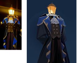  1other arms_behind_back ascot black_coat blue_background blue_coat brown_vest coat commentary_request cowboy_shot highres korean_commentary multicolored_coat nbee_ya object_head one-hour_drawing_challenge open_clothes open_coat original photo-referenced photo_inset simple_background vest white_ascot white_background yellow_coat 