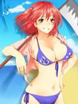  ahoge alternate_costume backdrop bad_id bikini breasts cleavage front-tie_top get grin hair_bobbles hair_ornament hand_on_hip highres hips large_breasts onozuka_komachi open_clothes open_shirt red_eyes red_hair redhead scythe shirt short_hair side-tie_bikini smile solo swimsuit teeth touhou twintails umemiyachu weapon 