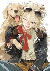  1boy bandaid bandaid_on_face bandaid_on_nose belt black_gloves black_jacket blonde_hair blue_pants bow bowtie brown_belt character_request collared_shirt commission copyright_request dog eyewear_on_head fang flower gloves grey_eyes highres holding holding_flower jacket long_hair long_sleeves male_focus mihuashi_commission nan_ji_quan one_eye_closed open_clothes open_jacket open_mouth pants red_bow red_bowtie safety_pin shirt shirt_tucked_in sitting sleeve_belt smile solo sunglasses teeth upper_teeth_only white_shirt 
