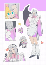  2boys alternate_costume animal_ears apron aqua_eyes asymmetrical_wings black_ribbon black_shoes black_wings blonde_hair bright_pupils cat_ears character_doll chibi chibi_inset closed_eyes cloud_strife commentary_request crossdressing crossdressing_(mtf) dohyuk48 doll fake_animal_ears fake_wings feathered_wings final_fantasy final_fantasy_vii frilled_apron frills from_behind full_body gradient_clothes gradient_jacket green_eyes grey_hair grid_background hair_intakes hair_ribbon half-heart_hands hand_on_own_hip heart highres hugging_doll hugging_object jacket jersey_maid korean_commentary leg_warmers light_smile long_bangs long_hair long_sleeves maid maid_headdress male_focus mini_wings mismatched_wings multiple_boys multiple_views outline parted_bangs pink_jacket purple_background purple_jacket purple_shorts ribbon sephiroth shoes shorts single_wing spiky_hair spoken_heart standing star_(symbol) sweatdrop unconventional_maid very_long_hair white_apron white_outline white_wings wings zipper 