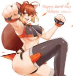  abakichi antenna_hair armpits blazblue breasts brown_hair character_name foreshortening hands happy_birthday kazuomi_(tukima) makoto_nanaya open_mouth red_eyes solo squirrel_ears squirrel_girl squirrel_tail tail thighhighs under_boob underboob wink 