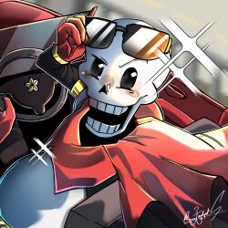  2026 2d adjusting_eyewear armor blurry blurry_background cape car commentary convertible digital_media english_commentary eyewear_on_head gloves ground_vehicle highres holding holding_steering_wheel humanoid looking_at_viewer monster monster_boy motor_vehicle outdoors outline papyrus_(undertale) red_cape red_gloves signature skeleton sonojackpot sparkle steering_wheel sunglasses teeth undead undertale utdr_(toby_fox) vehicle white_armor white_background white_outline 