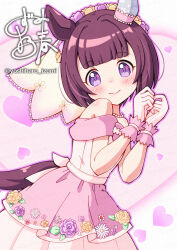  1girl :> animal_ears artist_name bare_shoulders blunt_bangs blush bridal_veil brown_hair closed_mouth commentary_request corsage cowboy_shot daisy_(flower) dress ear_covers ear_flower flower gloves hands_up heart heart_background horse_ears horse_girl horse_tail jewelry looking_at_viewer necklace nishino_flower_(sweet_juneberry)_(umamusume) nishino_flower_(umamusume) nose_blush off-shoulder_dress off_shoulder official_alternate_costume outline own_hands_together pearl_necklace pink_dress pink_flower pink_trim purple_flower purple_outline short_hair shoulder_blush single_ear_cover smile solo standing string_of_pearls tail twitter_username umamusume veil violet_eyes wedding_dress white_background white_flower white_gloves yoshiharu_izumi 